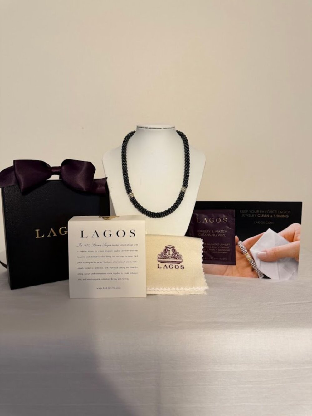 NWOT LAGOS Black Gold Caviar Diamond Necklace (16") with Lagos Box, Cloth, Wipe